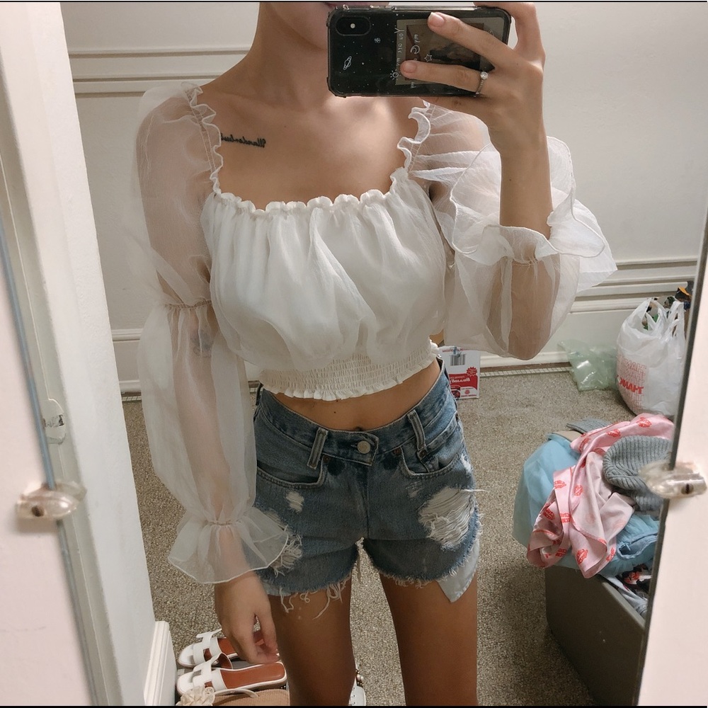 white croptop with sheer sleeves